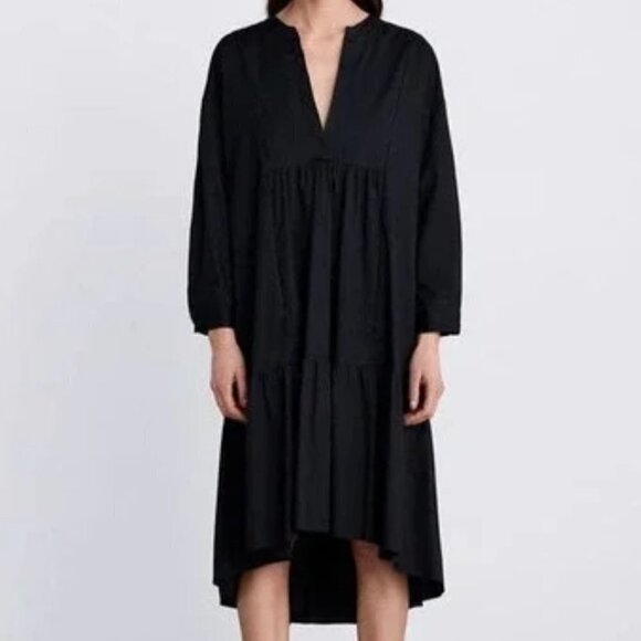 ZARA Black Oversized Voluminous Asymmetric Poplin V-neck Ruffle Shirt Dress XS - Picture 3 of 9